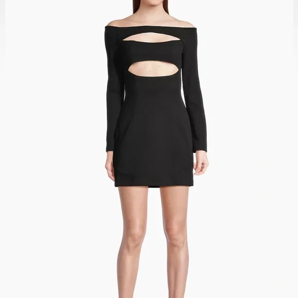 Misha Women's Black Bonded Crepe Cut-Out Minidress with Off-the-Shoulder Neck and Long Sleeves - Size Large